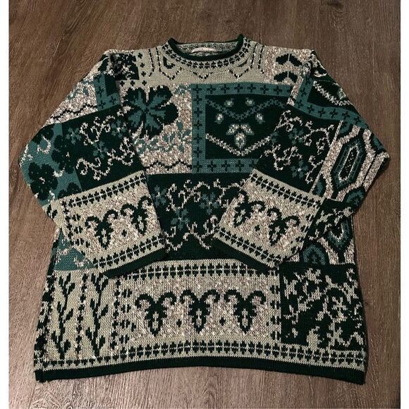 Vintage Carriage Court Womens Green Clover Abstract Knit Sweater Size L - Picture 1 of 9
